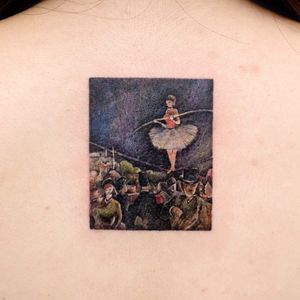 Tattoo by Haeny #Haeny #favoritetattoos #favorite #best #cool #painting #watercolor #reproduction #fineart #JeanLouisForain #tightrope #tightropewalker #circus #ballet #ballerina #tutu #impressionism