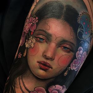Tattoo by Aimee Cornwell #AimeeCornwell #painterlytattoos #fineart #portrait #ladyhead #lady #artnouveau #flowers #floral #nature