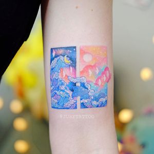 Tattoo by Jury Tattoo #JuryTattoo #painterlytattoos #fineart #illustration #wave #moon #sun #birds #sunset #ocean #color #watercolor #MarutiBitamin