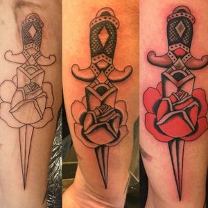 Traditional dagger and rose piece done at nemesis tattoo in Camden by Andrea Scardamaglia 