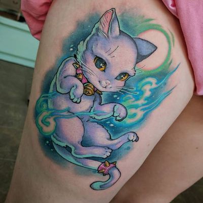 Tattoo by Hori Benny #HoriBenny #cattattoos #cat #kitty #petportrait #animal #nature #bell #clouds #moon #cute #kawaii #Japanese #anime #manga