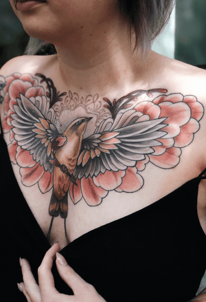2 sessions chestpiece #chestpiece #swallow #flower #bird #chest #neotraditional #color #JenTonic 