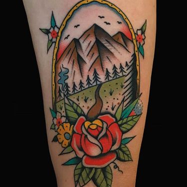 Tattoo by Alex Zampirri #AlexZampirri #AZamp #landscapetattoos #landscape #land #nature #environment #mountain #forest #rose #frame #flowers #leaves #floral #traditiona #color
