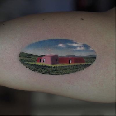 Tattoo by Jefree Naderali #JefreeNaderali #landscapetattoos #landscape #land #nature #environment #surreal #building #sky #grass #architecture #home