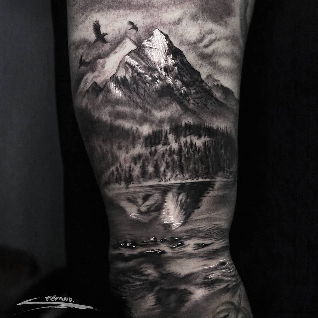 Mountain and water tattoo   Moutain tattoos Lake tattoo Hand tattoos