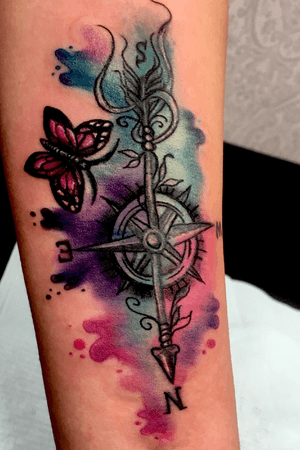 Watercolor revamp of old compass tattoo