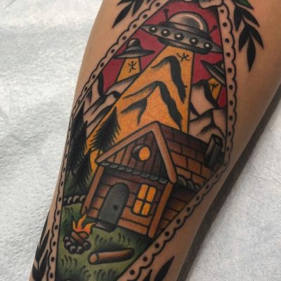 Tattoo by Matt Cannon #MattCannon #landscapetattoos #landscape #land #nature #environment #color #traditonal #cabin #forest #campfire #fire #aliens #ufo #mountains #abduction #frame #floral