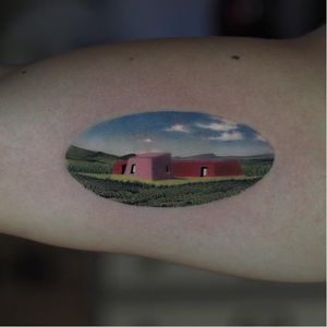 Tattoo by Jefree Naderali #JefreeNaderali #landscapetattoos #landscape #land #nature #environment #surreal #building #sky #grass #architecture #home
