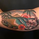 Tattoo by Ross K Jones #RossKJones #landscapetattoos #landscape #land #nature #environment #color #traditional #skull #palmtree #trees #beach #mountains #ocean #vacation #flower #floral #clouds #birds