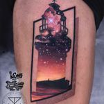 Tattoo by Chris Rigoni #ChrisRigoni #landscapetattoos #landscape #land #nature #environment #lighthouse #ocean #rocks #beach #stars #galaxy #abstract #realistic #mashup #dotwork