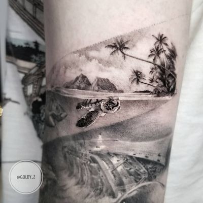 Tattoo by Goldy Z #GoldyZ #landscapetattoos #landscape #land #nature #environment #blackandgrey #realism #realistic #palmtrees #trees #beach #ocean #turtle #water