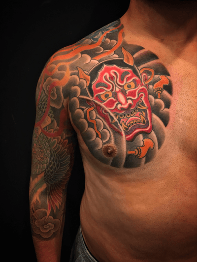 Japanese Hannya mask tattoo by Nate Fierro @natefierro #japanese #japanesetattoo #hannyatattoo #hannyamask #colortattoo