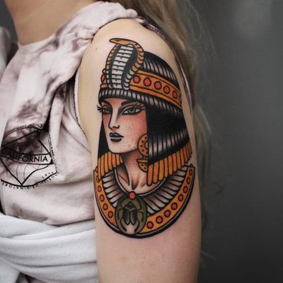 Tattoo by Tony Bluearms #TonyBluearms #Egyptiantattoos #egyptian #egypt #ancient #esoteric #history #ladyhead #color #traditional #cleopatra #nefertiti #scarab #cobra #crown #snake #jewelry #collar