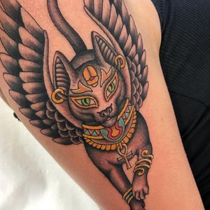 Tattoo by Shaun Topper #ShaunTopper #Egyptiantattoos #egyptian #egypt #ancient #esoteric #history #cat #kitty #sphinx #jewelry #ankh #scarab #wings #mythicalcreature #jewelry #gold