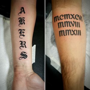 A last name and roman numeral dates on 2 brothers #romannumerals #tattoo #lastname #armtattoos 