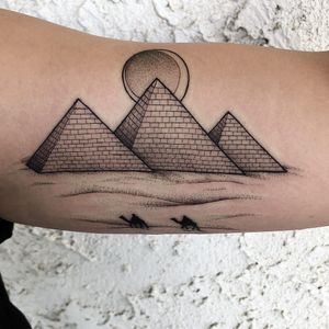 Tattoo by Kenny Sanchez #KennySanchez #Egyptiantattoos #egyptian #egypt #ancient #esoteric #history #moon #desert #Linework #fineline #travel #camel #pyramids #architecture