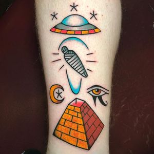 Tattoo by Rukus Tattoo #RukusTattoo #Egyptiantattoos #egyptian #egypt #ancient #esoteric #history #ufo #space #stars #color #traditional #mummy #eyeofhorus #horus #moon #pyramid #surreal