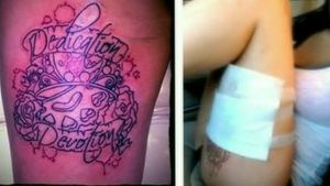 Tattoo on back left thigh "Dedication & Devotion" #brassknuckles #roses #tiara #bloodstains