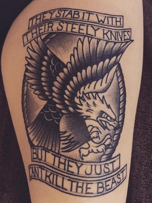 By Kristian at Two Rivers Tattoo, Penarth, UK #theeagles #hotelcalifornia #lyrics #eagle #tworiverstattoo 