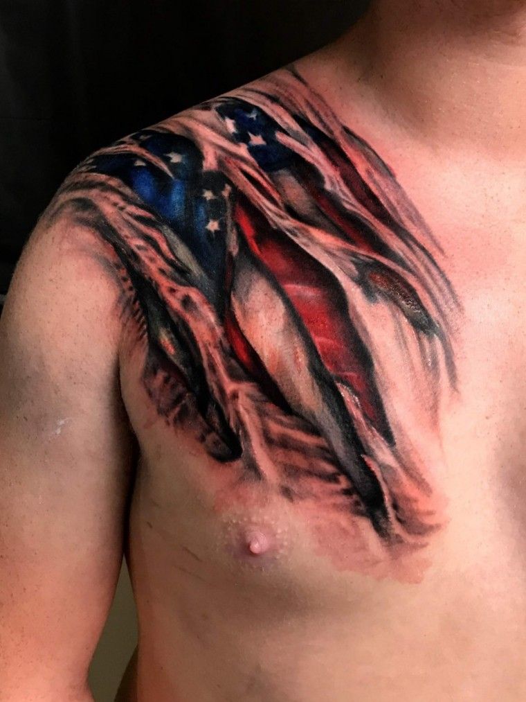 Ripped Skin Army Tattoo On Chest For Men