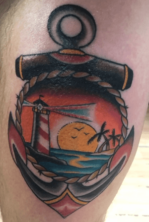 Tropical landcape borderd by a rope and anchor #traditional #lighthouse #IronriteTattoo #DanielWatkins