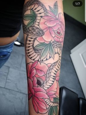 Snake and peonies forearm piece 