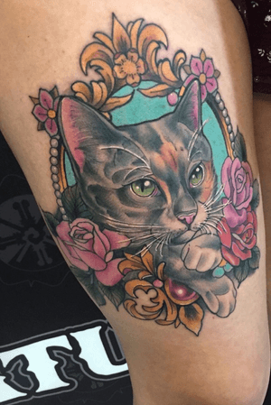 cat tattoo by crackone #crackone #cat #petportrait #frame #flowers