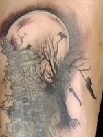 A little addition to someone's tattoo (I didn't made the haunted house) #horror #creepy #blackwork #moon #hang #halloween #haunted #hauntedhouse #tattooideas #tattoodesign #tree