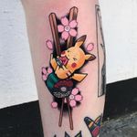 Tattoo by Chris Stockings #ChrisStockings #pokemontattoos #pokemon #gamer #cartoon #tvshow #game #Japanese #anime #Pikachu #sushi #pokeball #chopsticks #cherryblossoms