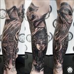 Black & Grey Realistic Tattoo, Egyptian Style. #legtatto #leg #sleeve #legsleeve #egyptian #realistic #blackAndWhite #blackandgray #blackandgreytattoo #realistictattoo #patong #phuket #thailand #realism 