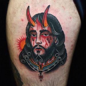 Tattoo by Austin Maples #AustinMaples #favoritetattoos #favorite #color #portrait #Jesus #devil #satan #blood #horns #religious #traditional