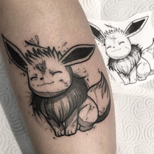 Tattoo by Kevin Plane #KevinPlane #pokemontattoos #pokemon #gamer #cartoon #tvshow #game #Japanese #anime #eevee #illustrative #blackwork #Linework #sketch #ink