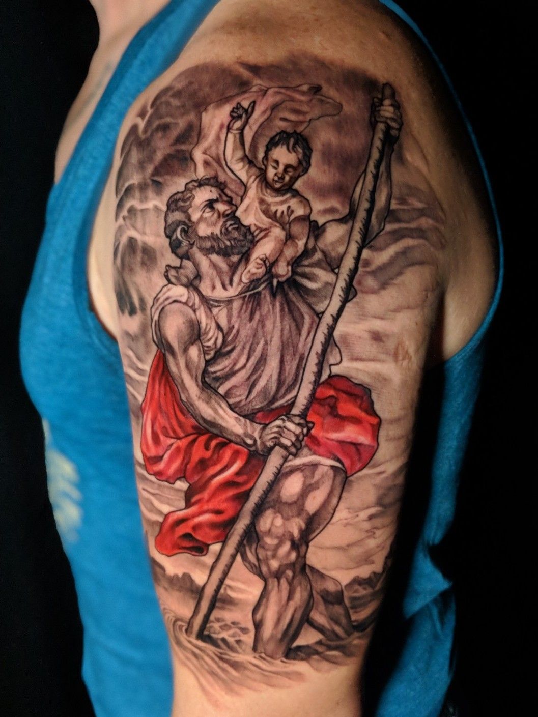 Christian Saint Christopher With Rose Flower Mens Half Sleeve Tattoos  St christopher  tattoo Tattoo designs men Half sleeve tattoos for guys