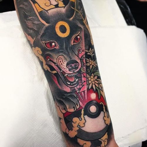 Tattoo by Rafa Jurado #RafaJurado #pokemontattoos #pokemon #gamer #cartoon #tvshow #game #Japanese #anime #neotraditional #wolf #dog #pokeball #weed #420 #smoke #pikachu
