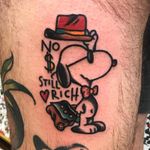 Tattoo by Matt Andersson #MattAndersson #straydogstattoo #favoritetattoos #favorite #snoopy #cartoon #traditional #quote #text #font #rich #money #cute #love #heart #dog