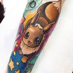 Tattoo by Stefan Salamone #StefanSalamone #pokemontattoos #pokemon #gamer #cartoon #tvshow #game #Japanese #anime #Eevee #stars #color #newschool #sleeve