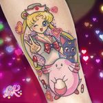 Tattoo by Carly Kawaii #CarlyKawaii #pokemontattoos #pokemon #gamer #cartoon #tvshow #game #Japanese #anime #Chansey #SailorMoon #Luna #cat #hearts #sparkle #newschool #color