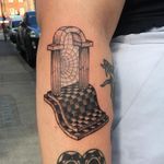 Tattoo by Carson Flowie #CarsonFlowie #favoritetattoos #favorite #illustrative #surreal #opticalillusion #checkerboard #warp #column #doorway #door