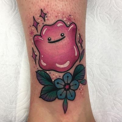 Tattoo by Roberto Euan #RobertoEuan #pokemontattoos #pokemon #gamer #cartoon #tvshow #game #Japanese #anime #Ditto #dittopokemon #flower #floral #sparkle #newschool #color