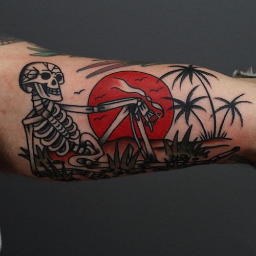 Tattoo by Tony Bluearms #TonyBluearms #favoritetattoos #favorite #skeleton #skull #death #palmtrees #trees #sun #beach #island #cigar #smoke