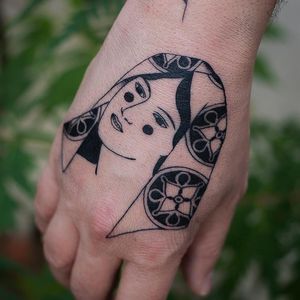 Tattoo by Vincent Denis #VincentDenis #favoritetattoos #favorite #ladyhead #handtattoo #lady #pattern #portrait
