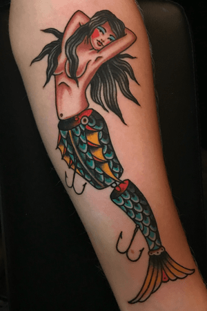 #fishing #mermaid tattoo done at Hot Stuff Tattoo, Asheville NC