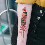Tattoo by Tattooist Sion #TattooistSion #koreantattooartist #Korea #neotraditional #color #beautiful #knot #flower #folkart #ribbon #bow