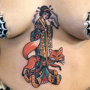 Tattoo by Ross K Jones #RossKJones #foxtattoo #fox #animal #nature #color #Japanese #traditional #geisha #opium #pipe #smoke #kimono #flower #floral