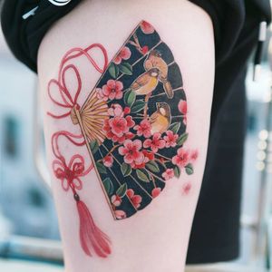 Tattoo by Tattooist Sion #TattooistSion #koreantattooartist #Korea #neotraditional #color #beautiful #knot #flower #folkart #fan #bird #butterfly #cherryblossom