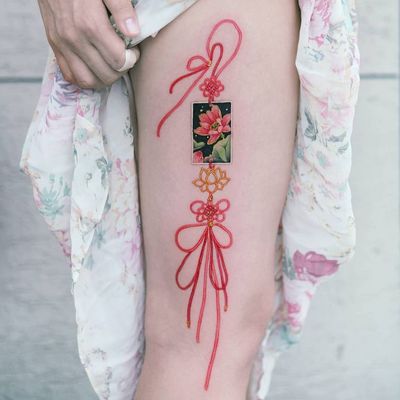 Tattoo by Tattooist Sion #TattooistSion #koreantattooartist #Korea #neotraditional #color #beautiful #knot #flower #folkart #peony #bow #lotus #ribbon