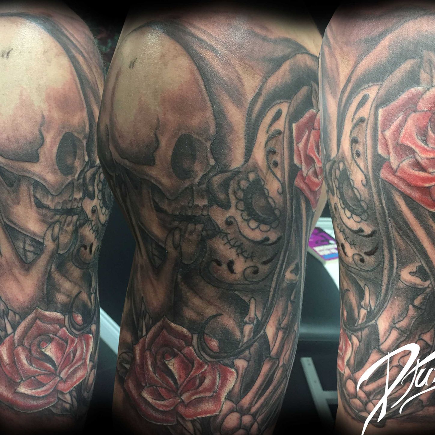 Tattoo Uploaded By Justin Djuss Lanouette Death Kiss Baiser De La Mort Crane Et Squelette Embrassant Une Muerta Mexicaine De Day Of The Dead Une Rose Est Presente Scull Et Muerta Muerta