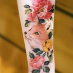 Tattoo by Tattooist Sion #TattooistSion #koreantattooartist #Korea #neotraditional #color #beautiful #knot #flower #folkart #fox #animal #peony #scarcoverup