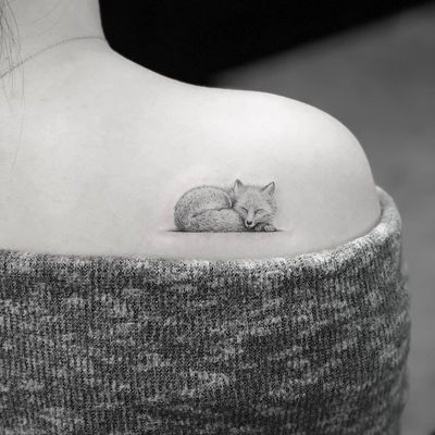 Tattoo by Mr K #MrK #foxtattoo #fox #animal #nature #realistic #realism #hyperrealism #tiny #small #linework #illustrative #blackandgrey