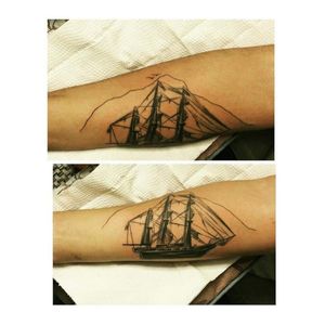 A ship is always safe at shore but is not what it's built for ❤ #tattooed #tattooaddict #tattooartists #tattooart #sailing #sailman #shiptattoo #mauritius #lemornebrabant #paradise🌴 #tattooadiction #blacktattooart 